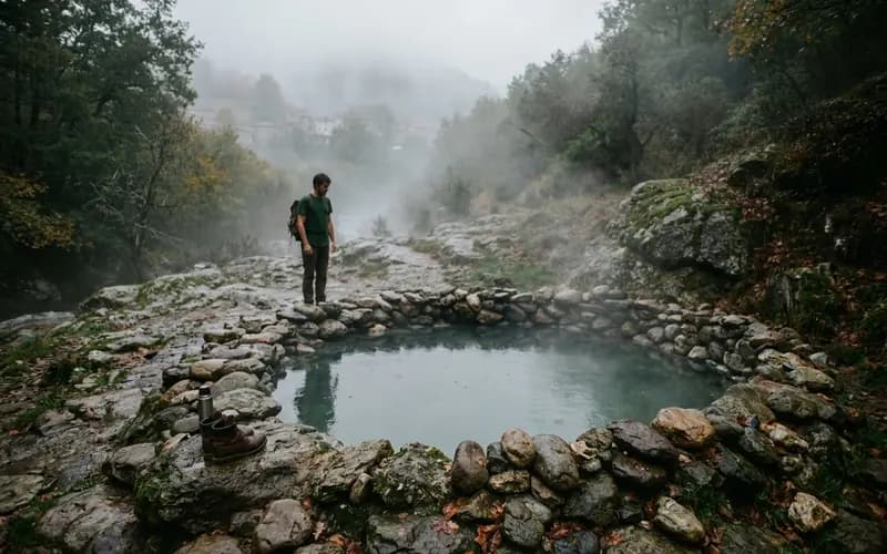 Poza de cantos rodados a la orilla de un río, con vapor y hojas secas (imagen ilustrativa generada por IA)